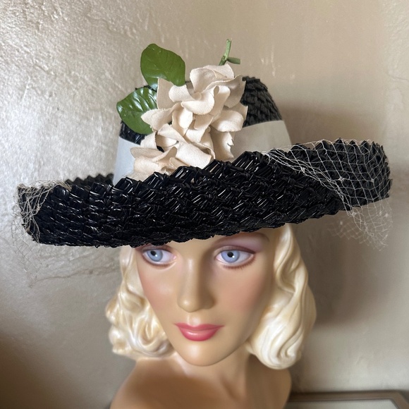 FANCY 1940s' BLACK STRAW WIDE BRIM HAT + CREAMFABRIC FLOWERS/LEAVES + VEIL
